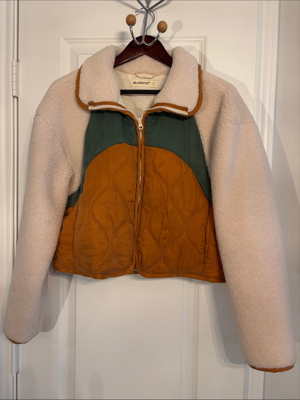 Blank NYC Cream Sherpa Fleece Cropped Jacket with Green Burnt Orange Colorblock